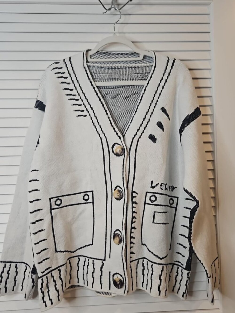 Oversized Black & White Graphic Knit Cardigan